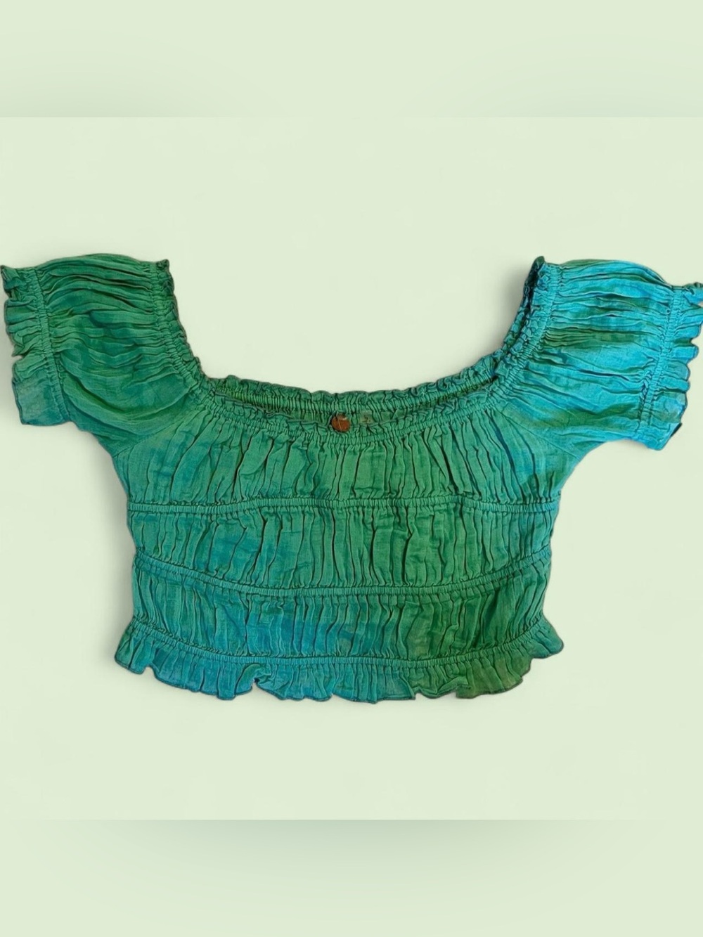 Free People FP One Cheri Top Smocked Cropped Mountain Green Off The Shoulder L